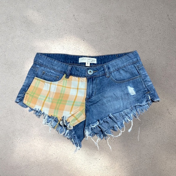WYLDHART MICRO DENIM SHORTS W/ PLAID POCKET DETAIL - Picture 1 of 5